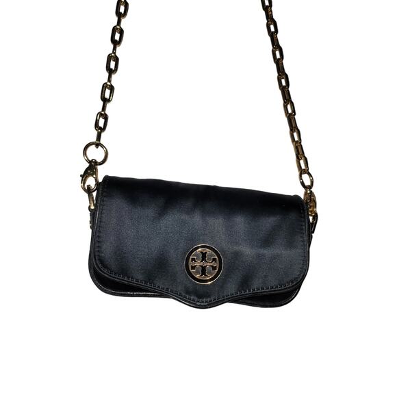 Tory Burch Amanda Logo Clutch Crossbody Bag Satin Black - Picture 1 of 6
